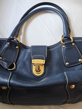 Prada Navy Leather Satchel with Gold Hardware